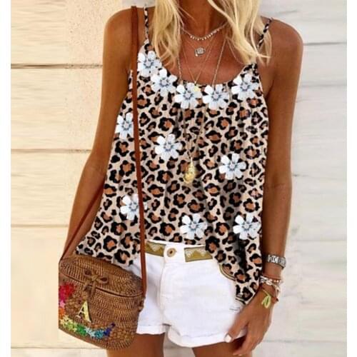 New Casual Beach Ladies Sling Shirt Sexy Sleeveless Off Shoulder Loose Tops Fashion Flower Leopard Printed Summer Women Blouse