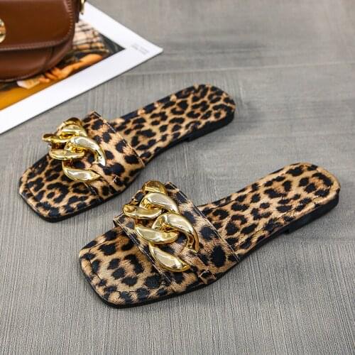 43 Over size leopard open toe flats sexy slippers women summer square toe beach shoes woman cosy outwear slides zapatos de mujer