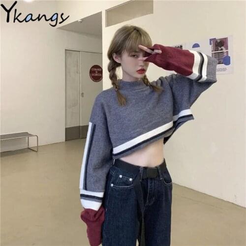 Women Short Color Contrast Sweater for Autumn Korean Fashion Round Neck Pullover Ladies Blouse Campus Style Long-sleeved Jacket