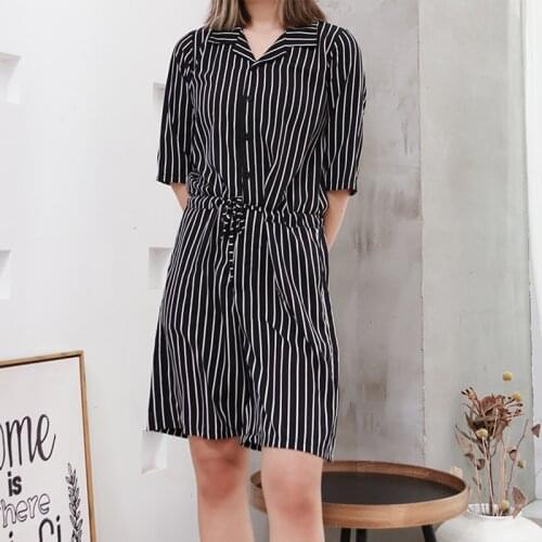 High waist thin stripe Jumpsuit womens 2021 spring summer temperament short sleeve panties shorts dark big