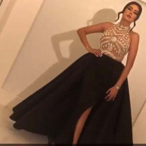 Crystal prom dresses 2020 halter neck crystal beading sequins detachable skirt satin black evening dresses