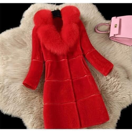 Womens Fur Coats Faux Fox Fur Collar Winter Fashion Gray Faux Fur Coat Women Elegant Fur Jacket Thick Warm Outerwear