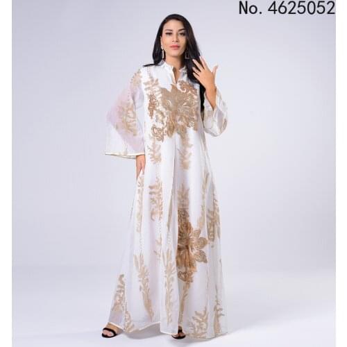 Sequins Embroidered Abaya Dress For Women Moroccan Kaftan Turkey Arabic Jalabiya White Islamic Ethnic Robe 2021 Eid New