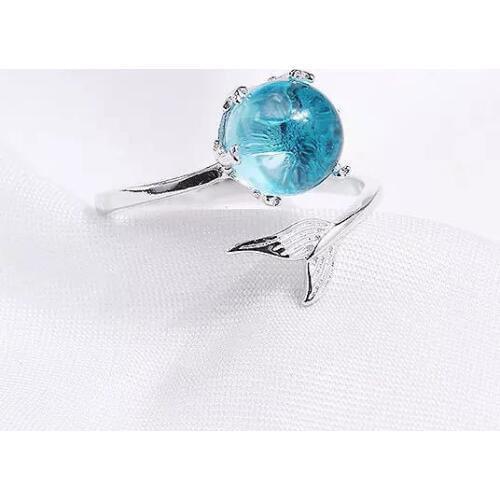 Pure 925 Sterling Silver Mermaid Foam Tail Finger Rings For Women Blue Crystal Adjustable Ring Fine Jewelry Party Gifts
