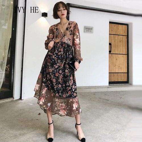 IVY HE Large Print Silk Chiffon High End Womens Dress Floral Holiday Style Fashion Temperament Loose Summer Women`s Dress 2021
