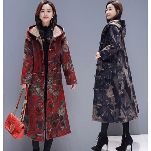 Winter national style button up large loose Plush warm coat womens printed hooded woolen coat