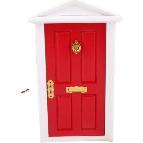 1:12 Dollhouse Miniature Luxury Wooden Red Exterior Door 4 Panel w Key Furniture Toys