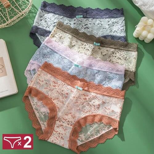2Pcs/Set Women Sexy Lace Panties Seamless Underwear Cute Bow Underpants Girls Briefs Traceless Female Hollow out Intimates