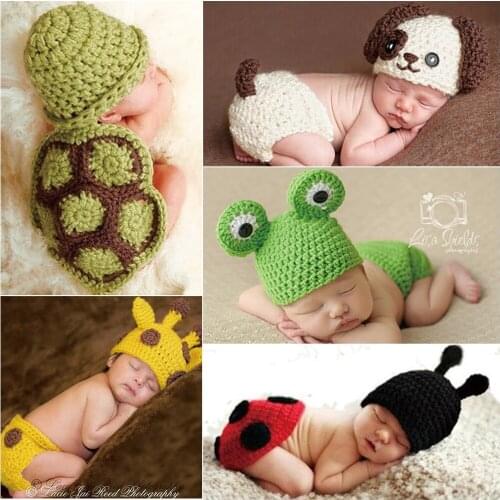 2pcs Handmade 0-3 Months Newborn Photography Props Set Knitted Cartoon Puppy Frog Tortoise Beetle Baby Hat And Pants Outfits
