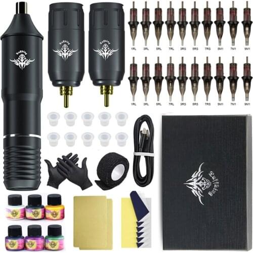 Wireless Tattoo Machine Complete Kit Rotary Pen With Cartridges Needles Color Inks Battery Power Supply For Tattoo Body Art