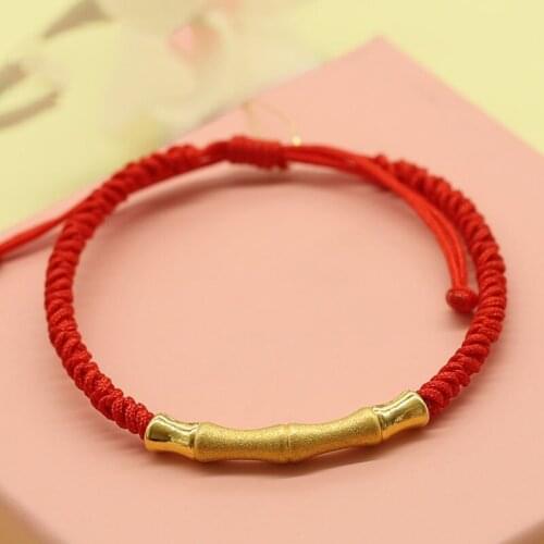 Pure 24K Yellow Gold 3D Craft Bamboo Tube with Red Cord Lucky Knitted Bracelet