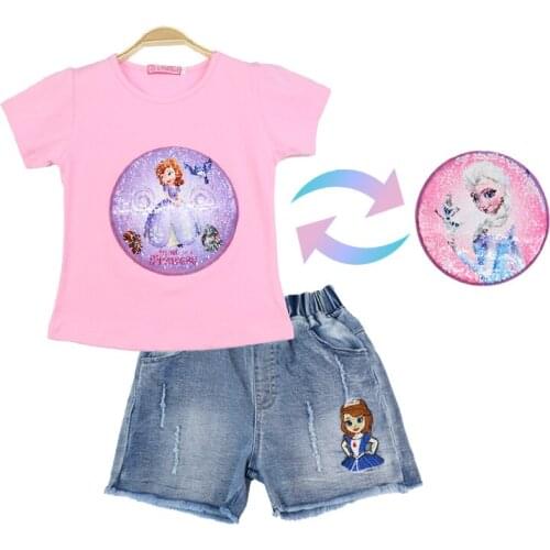 Disney Girl Sets Frozen Summer Jeans + T-shirt Velcro Sequins Change Graphic Sequins Elsa Sofia Cotton Childrens Two Pieces