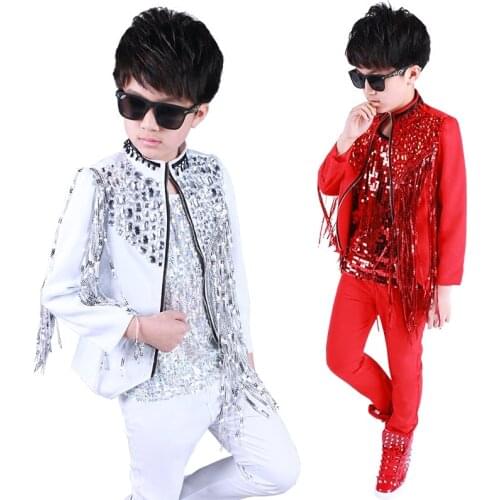 Jazz Costumes Children Shiny Rhinestone Tassel Coat Boys Hip Hop Dance Outfit Kids Street Dancing Stage Show Wear DNV11841