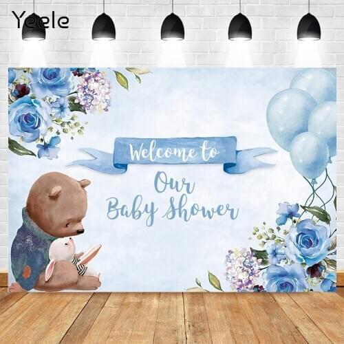 Yeele Photography Backdrops Blue Balloon Flower Bear Rabbit Bunny Newborn Baby Shower Boy Background Photographic Photocall Prop