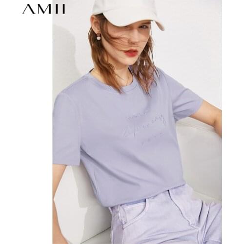 Amii Minimalism Summer Womens Tshirt Fashion 100%cotton Oneck Letter Embroidery Womens Tops Causal Tshirt For Women 12130240