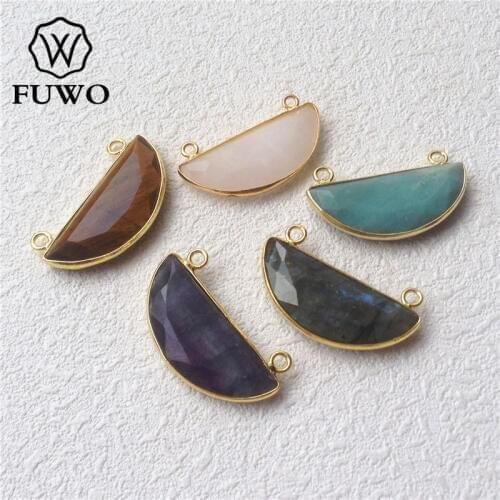 FUWO Half Moon Shaped Labradorite Pendant With 24K Gold Filled Brass Bezel Double Bails Faceted Quartz Jewelry Wholesale PD194