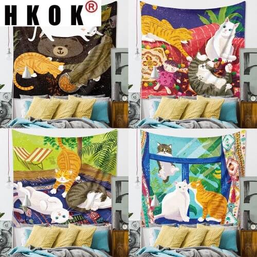 HKOK Cartoon Cute Cat Animals Tapestry Hanging Covering Rugs Background Cloth Beach Mat Blanket Art Bedroom Living Home Decor