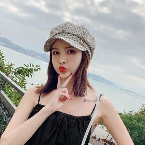 Plaid Octagonal Flat Cap Fashion Rhinestone letter D Women Summer Caps Spring Lattice Painters Hat Female Retro Beret Bonnet