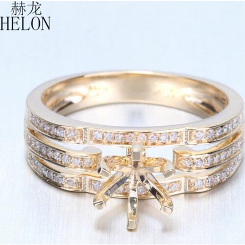 HELON 6mm Round Solid 14K Yellow Gold AU585 Genuine Natural Diamonds Semi Mount Ring Engagement & Wedding Women Fine Jewelry