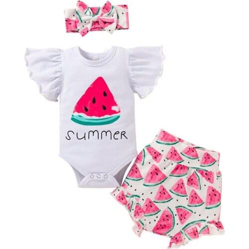 Summer Childrens Clothing Set Infant Baby Clothes Flying Sleeve Romper Shorts Bow Headband Bee Cartoon Print Ruffle Decoration