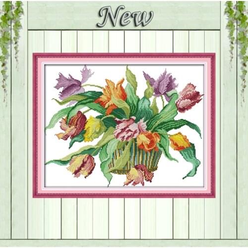 NEW Gorgeous Tulips flowers vase Paintings Counted Print on fabric DMC 14CT 11CT DIY Cross Stitch Needlework Kit Embroidery Sets
