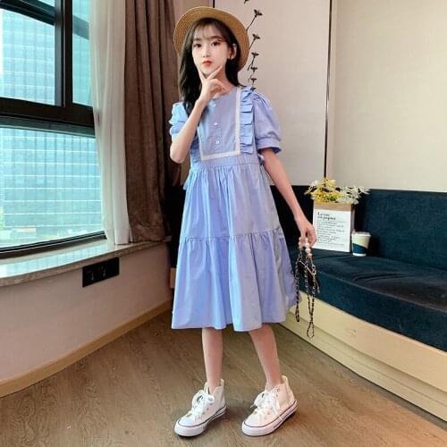 Summer New Puff Sleeve Dresses for Girls Kids Ruffles Button Knee High Dress Teens Girls Pleated Dress Children Clothes Vestidos