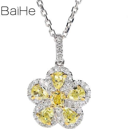 BAIHE Solid 18K White Gold 0.50ct Natural Yellow Diamonds Women Wedding Trendy Fine Jewelry Beautiful flower diamond Necklaces