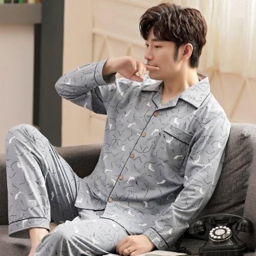 Mens Cotton Pajama Autumn Winter Breathable Sleepwear Suit Casual Stretch Plaid Pajama Sets Comfortable OverSize Pijama Mujer