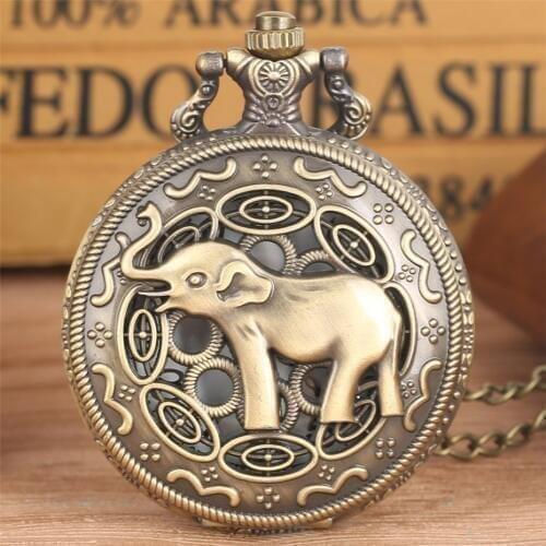 Hollow Asian Elephant Quartz Pocket Watch Vintage Bronze Pendant Clock for Men Women with Retro Fob Chain Dropshipping