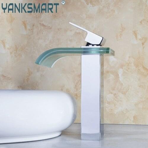 YANKSMART Luxury Glass Waterfall Spout Chrome Polished Washbasin Bathroom Faucet Deck Mounted Basin Sink Mixer Water Tap Faucets