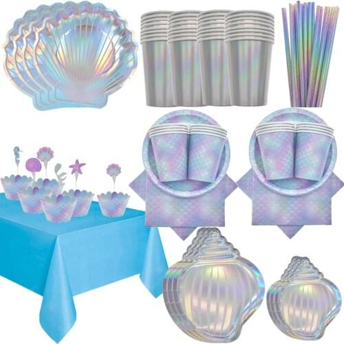 Mermaid Party Supplies Shimmering Clamshell Dessert Paper Plates Cups Straws Mermaid Scales Napkins Baby Shower Balloons Party