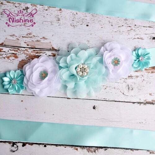 Womens Elegant Turquoise Little Daisy Waistband Rhinestone Beaded Chiffon Flower Maternity Belt Bridesmaid Dress Accessories