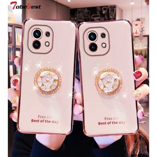 360 Diamond Finger Ring Plating Silicone Case For Xiaomi Mi 11 Pro Lite Coque Stand phone holder Soft TPU Cover