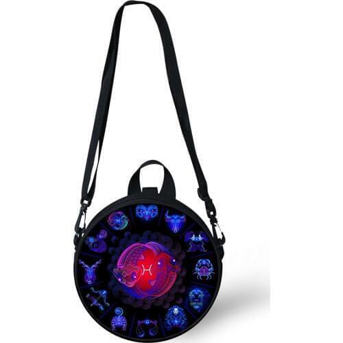 ELVISWORDS 12 Constellation Messenger Bags For Girls Boys Satchels Small Shoulder Bags For Women Handbags Round Crossbody Bag