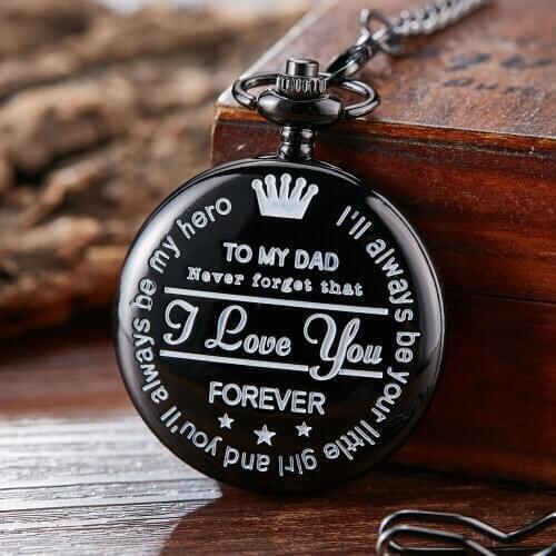 To My Dad I Love You Black Gold Unique Quartz Pocket Fob Watch Necklace Chain Pendant Antique Men Fathers Day Present Box Gift