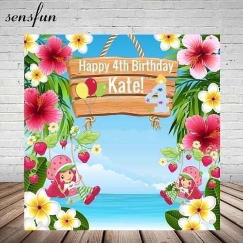 Sensfun Girls Hot Pink Flowers Birthday Party Backdrop Sky Blue Beach Strawberry Balloon Backgrounds For Photo Studio Vinyl