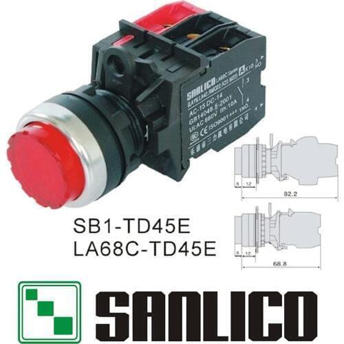 Waterproof illuminated projecting momentary push button switch with integral LED SB1(LA68C M22)-TD45E spring return