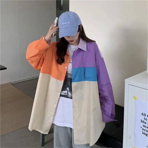 Japan Patchwork Blouse Shirt Summer Oversize Shirt Women Harajuku Punk Long Sleeve Tops Tee Hip Hop Funny Clothes Shirt Girls