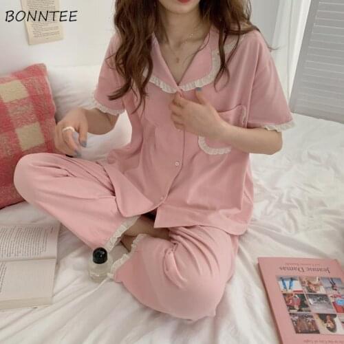 Pajama Sets Women M-3XL Turn Down Collar Comfort Sweet Patchwork Short Sleeve Fashion Sleepwear Homewear Breathe Female Chic Ins