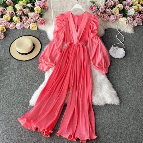 2021 spring womens new style jumpsuit retro puff sleeve v-neck high waist drape pleated wide leg flared pants jumpsuit