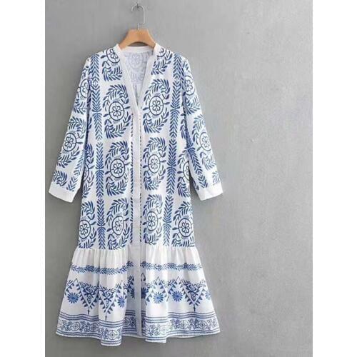 Spring Autumn Womens 7-point Sleeve V-neck Dress New Retro Lndie Folk Style Long Loose Print Shirt Dress Women GD521