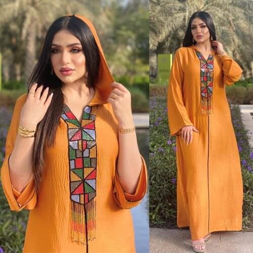 Kaftan Muslim Women Long Dress Hooded Colorful Beads Arabic Abaya Islamic Maxi Robe Gown Long Sleeve Fashion Dress Turkey Dubai