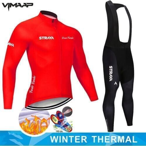 Winter Thermal Fleece 2021 red STRAVA Cycling Jersey Long Set MTB Cycle Clothing Sportswear Mountain Bike Clothes ropa ciclismo