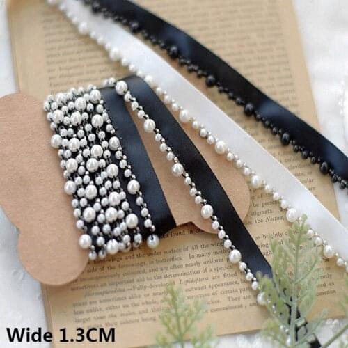 1.3CM Wide White Black Satin Sequins Dress Lace Fabric Ribbon Collar Neckline Beaded Trim Apparel Clothing Hats DIY Sewing Decor