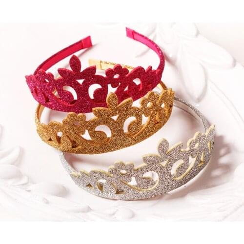 1pc Gold Glitter Princess Crown Hard Headband Hot Pink Kid Birthday Tiara Hairbands Classic Silver Artificial Leather Head Band