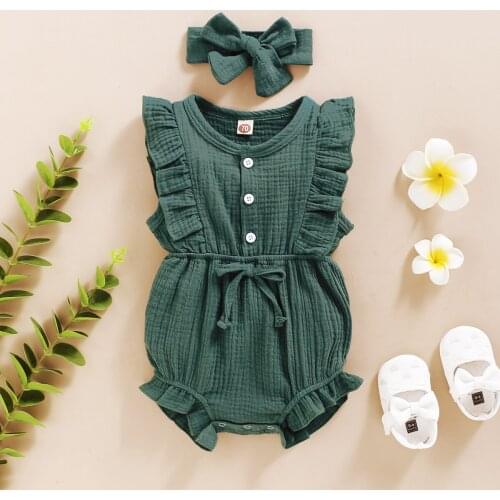 2021 Summer New Baby Jumpsuit + Headband Cotton Linen Ruffled Sleeveless Solid Color Baby Girl Romper Romper Romper