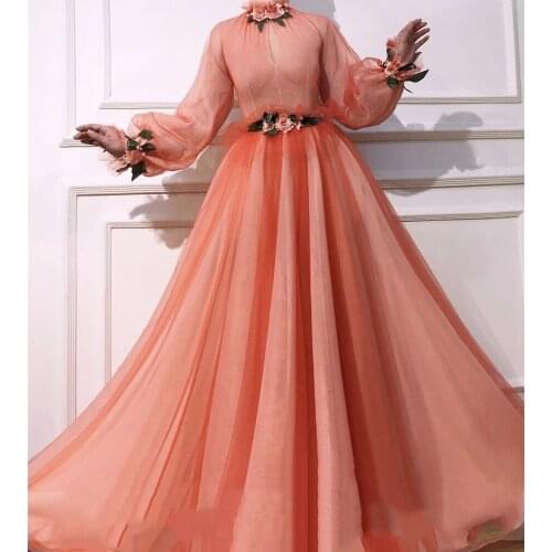 2021 Orange Long Sleeves Muslim Evening Dresses Handmade Flower High Neck A-Line Islamic Dubai Saudi Arabic Long Evening Gown