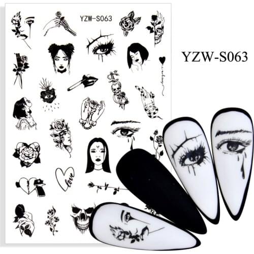 3D Stickers for Nails Self-adhesive Black Skull Flowers Nail Art Decorations Geometry Line Love Sticker Nail Foil Accessories