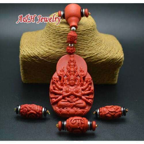 5pcs DIY Guru Beads Red Cinnabar Carved Thousand-hand Pendants Flower Barrel Shape Buddha Head Beads Prayer Necklace Making