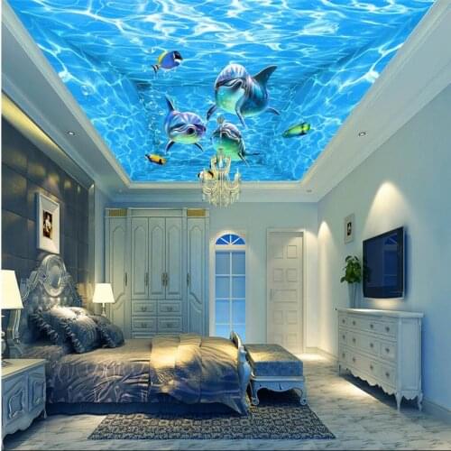 Beibehang paper Modern Art Top beach deep blue sea water ripples swim dolphins Home Decor Ceiling large Wall Mural Wallpaper